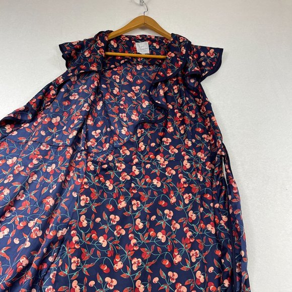 Anthropologie Hey There Cereja Cherry Print Faux Wrap Dress Size 6 Blue Satin - Picture 7 of 15